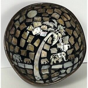 Coconut Shell Bowl Mother of‎ Pearl Elephant Palm Tree Trinket Dish Black Gold